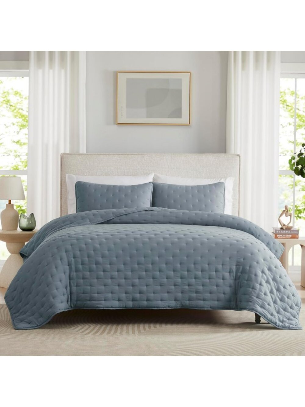 Dusty Blue King Size Quilt Set - Lightweight Farmhouse Bedspread & Coverlet, 3